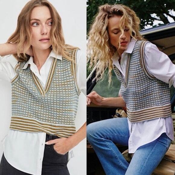 Veronica Beard Serwa mixed knit vest over white poplin blouse XS extra small - Picture 3 of 9